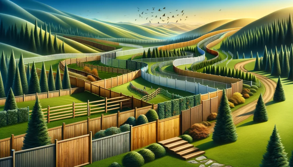 Artistic representation of different types of fencing, including chain link, wrought iron, wooden privacy, and ranch style, seamlessly integrated into a serene, lush landscape.