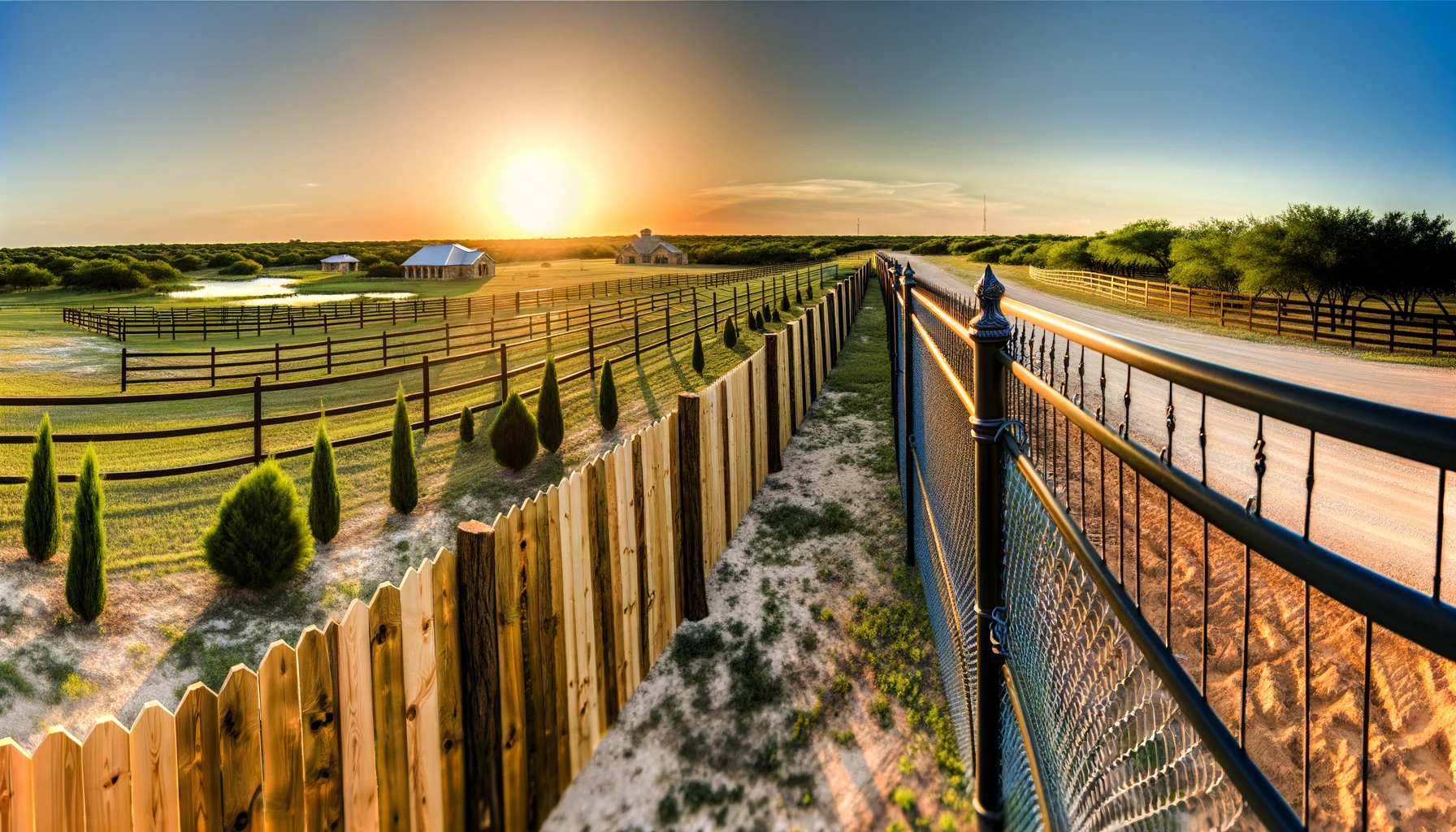Serene sunset landscape in Laredo, Texas, featuring a variety of fences including chain link, ranch-style wooden, elegant iron, and privacy fences, blending with the natural beauty.