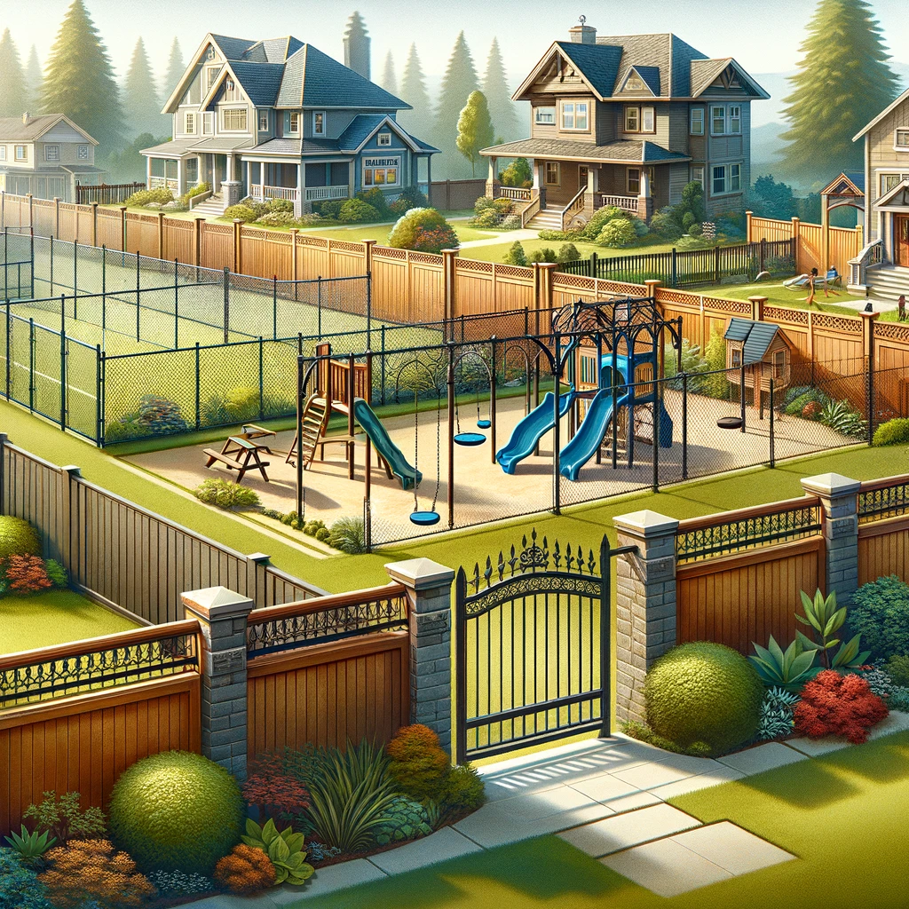 Illustrative image showcasing various types of fences in a residential setting, including chain link, iron, privacy, and wooden ranch fences, highlighting their integration into neighborhood landscapes.